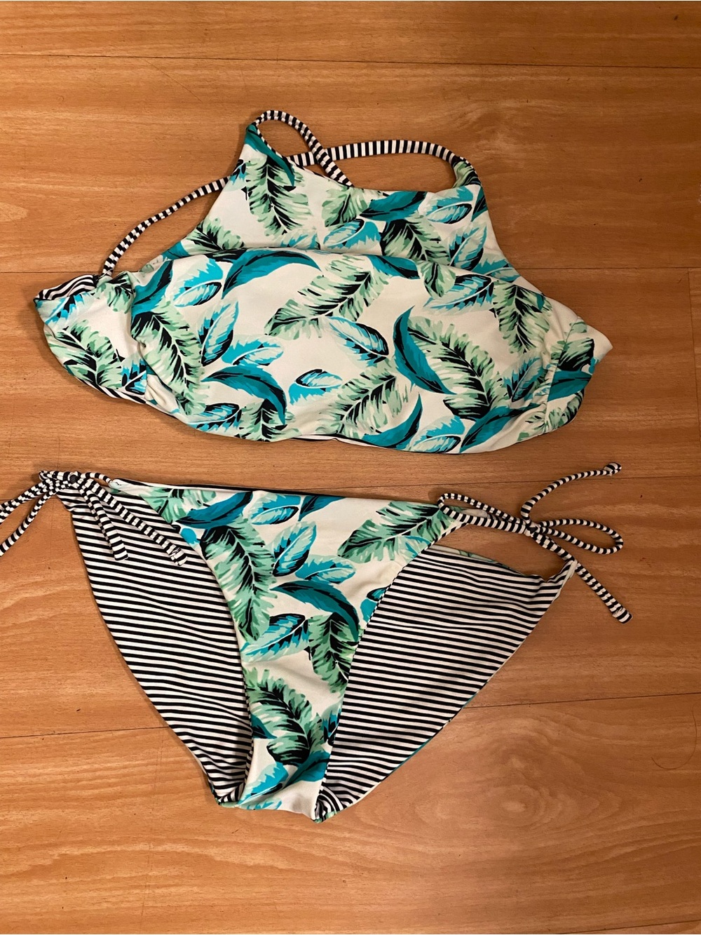 Tropical Leaf Two-Piece Swimsuit in Teal and White